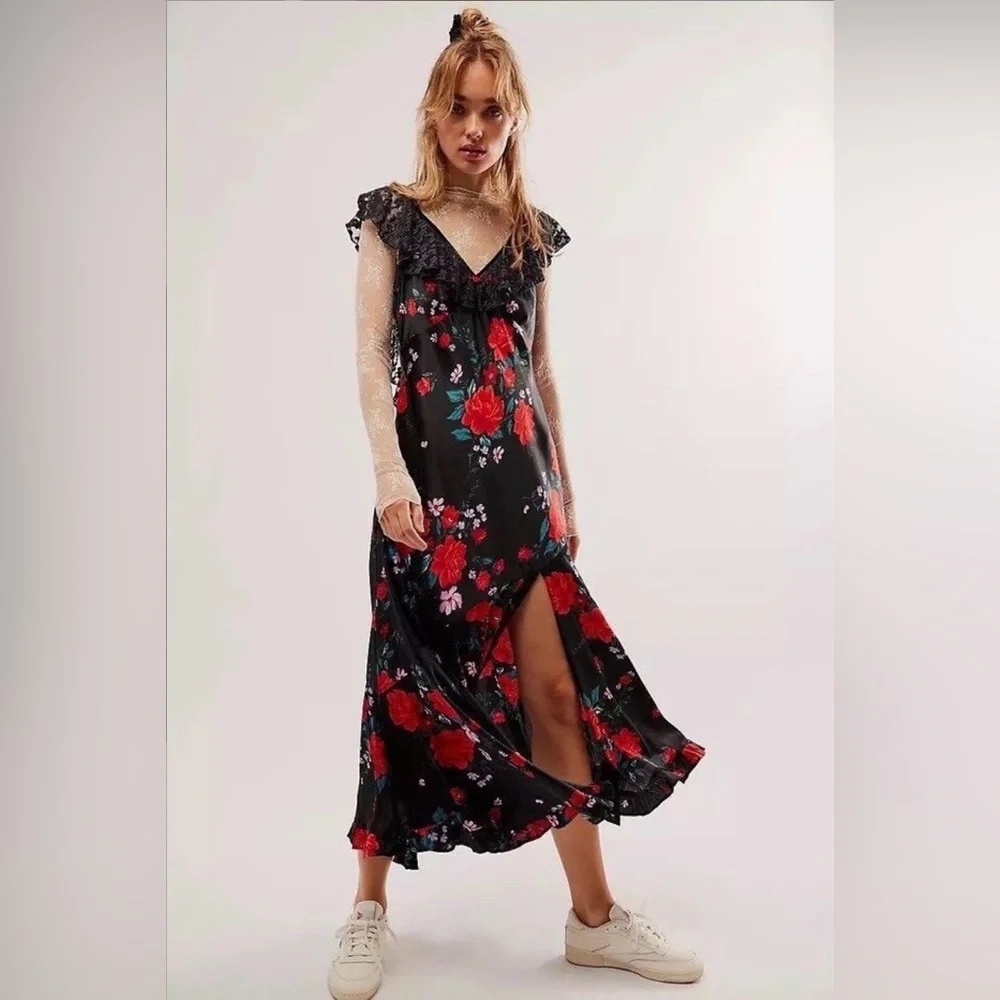 Free People Warm Hearts Midi Dress Black & Red Floral Satin Small NWOT